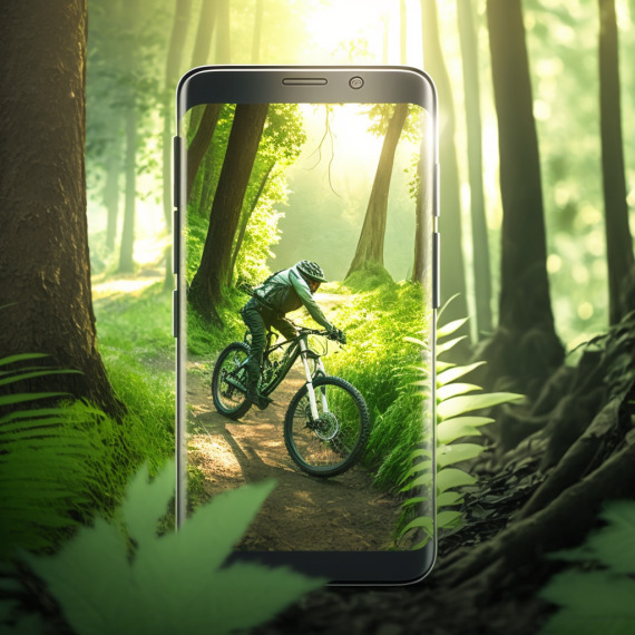 person riding a bike through a green forest being filmed by an eco-friendly phone