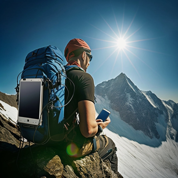 hiker sitting on a ledge with mountains in the horizon charging his phone with a solar powered charger attached on his backpack