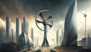 futuristic city with a giant wind turbine in the middle powering the entire city