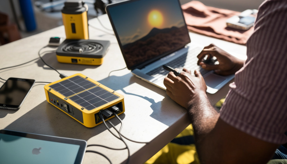 a person using a solar powered phone charger to power up a few different devices