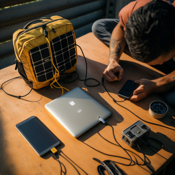 person using his solar powered phone charger to charge various devices