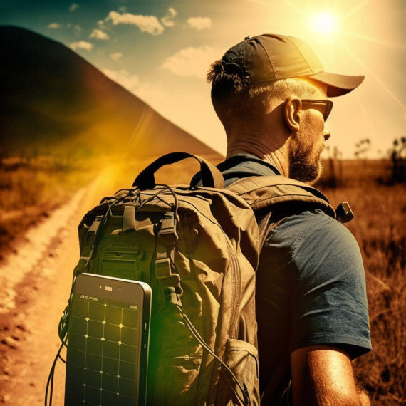 person hiking in rural surroundings with a solar powered phone charger attached on his backpack