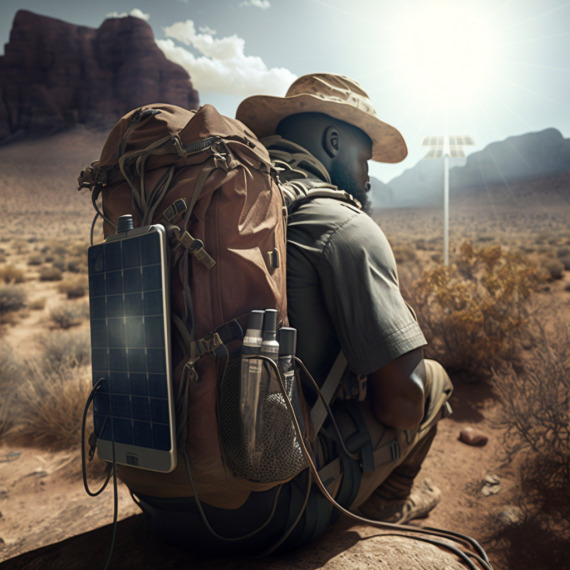 person hiking in harsh environment with a solar power on his back