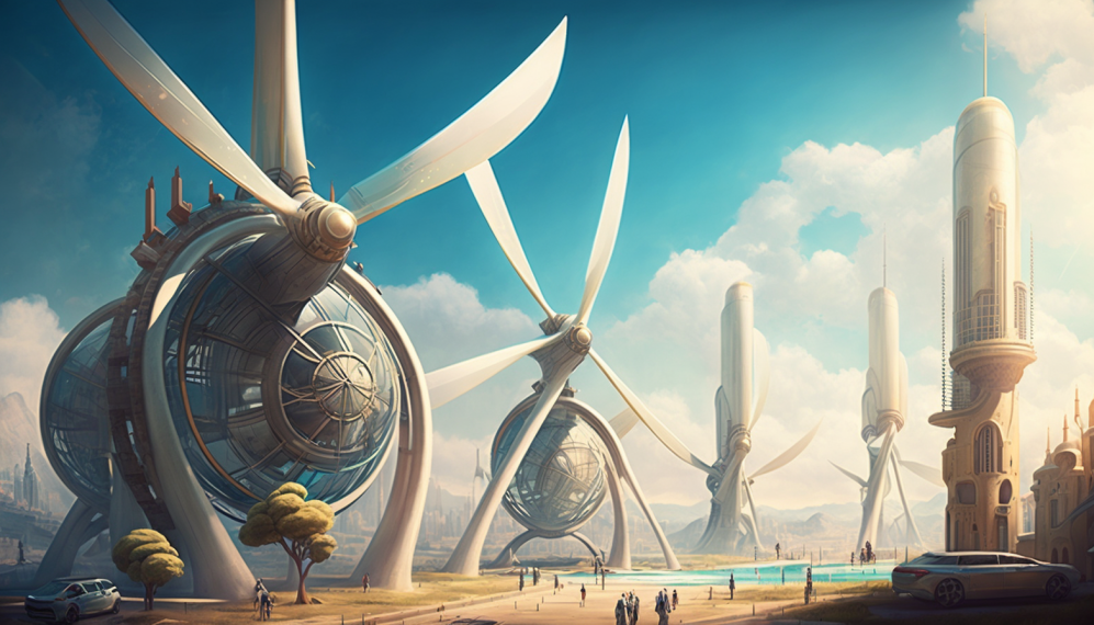 drawing of a futuristic city with giant turbines powering up the entire city