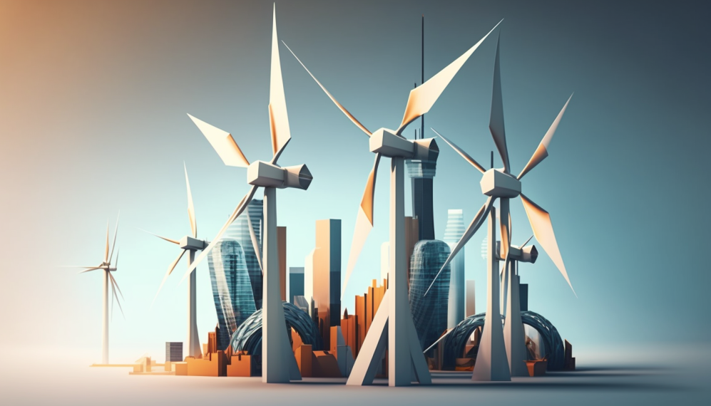 An illustration of a futuristic city utilizing wind turbines for energy