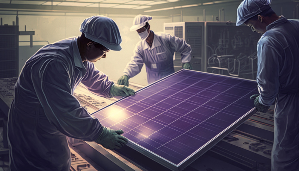 workers finishing a solar panel in a factory