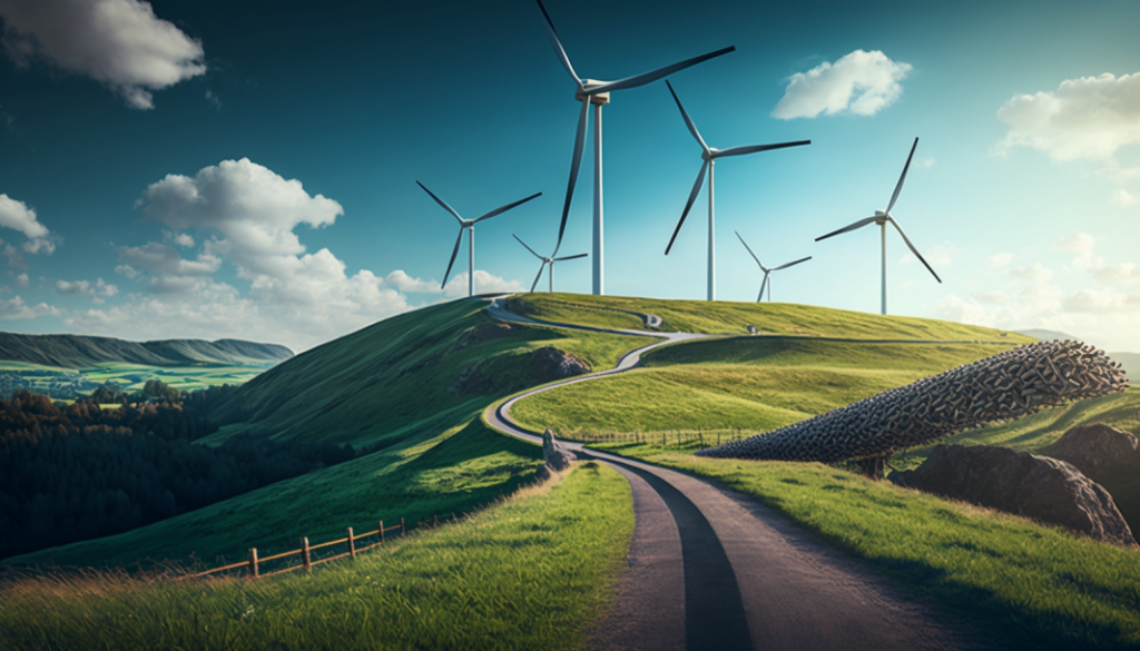 wind turbines on a hill with a blue sky