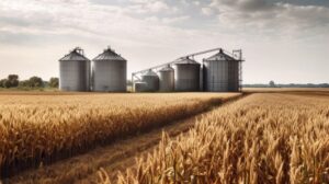 sustainable bioenergy farm with rows of corn and a huge bioenergy factory at the end