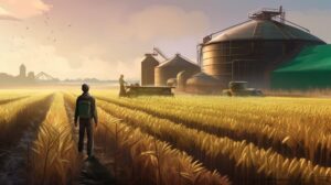 man standing in the middle of rows with corn looking at a huge bioenergy farm