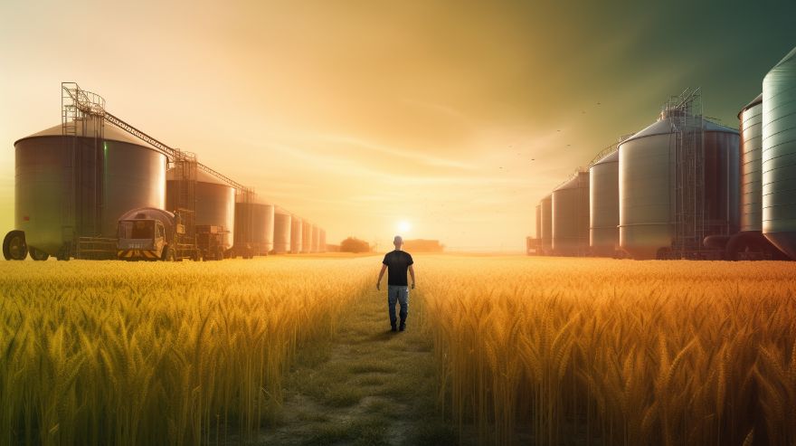 a man walking in the middle of a corn field with huge bioenergy factories on both sides