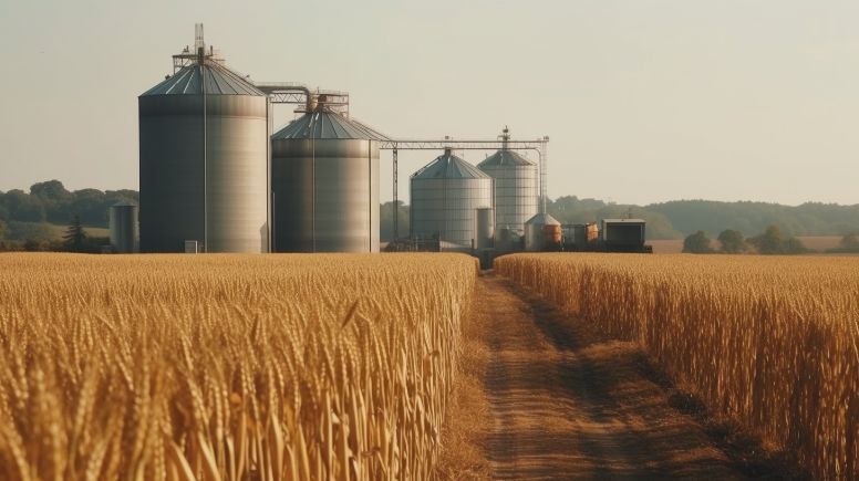 road with crops on both sides with a giant bioenergy factory in the distance