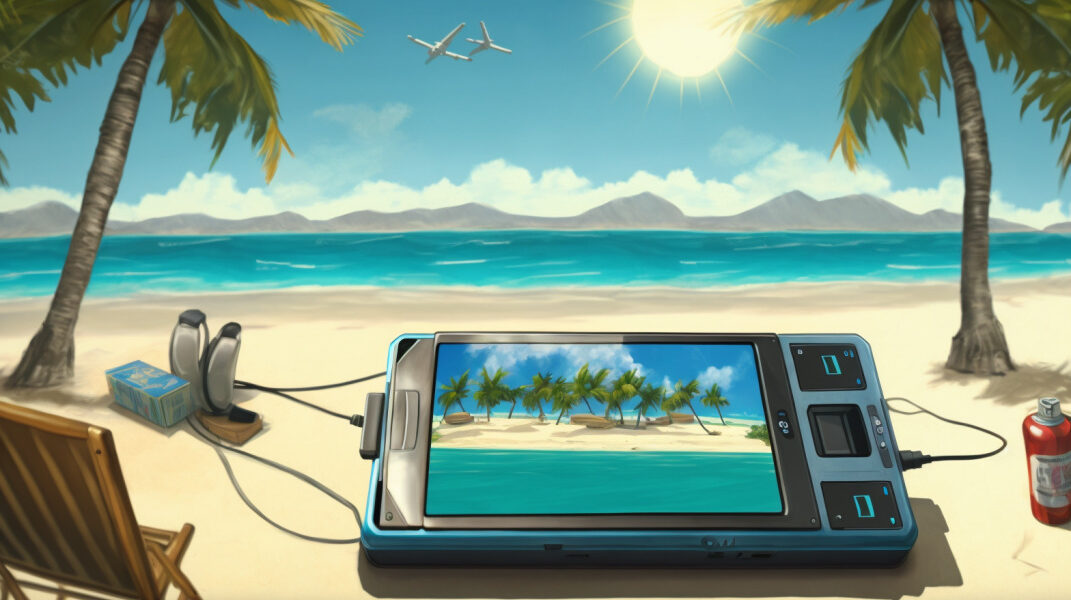 Close up of a phone on a beach being charger by solar powered phone chargers