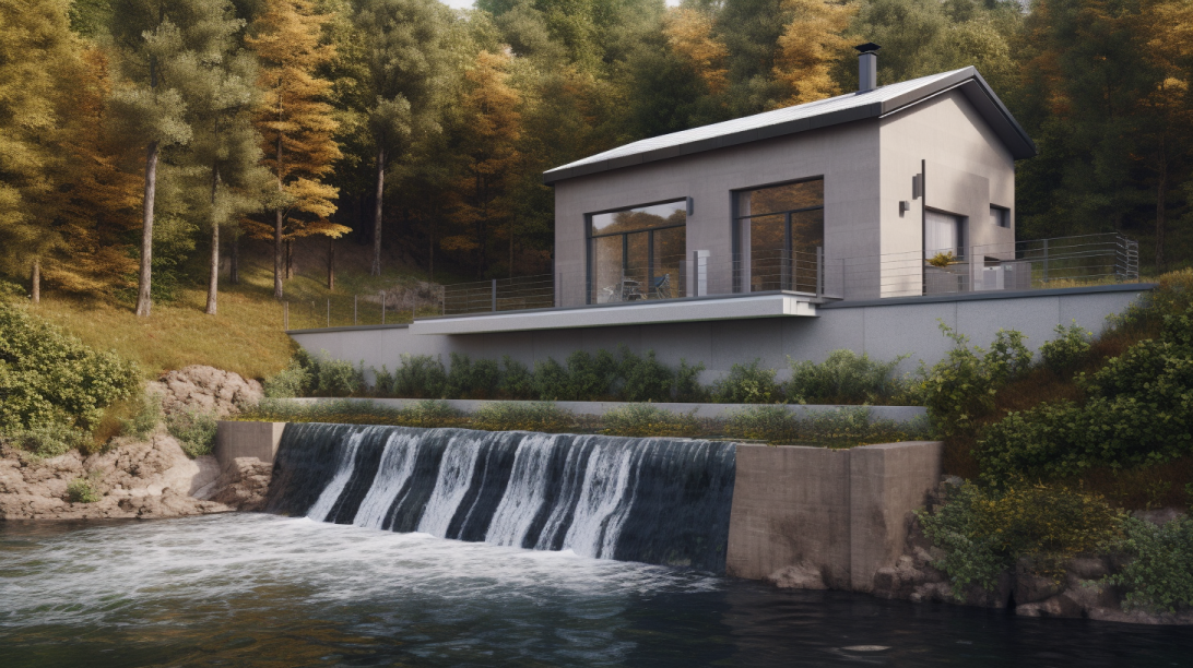 small house in nature near a river with it's own hydro dam